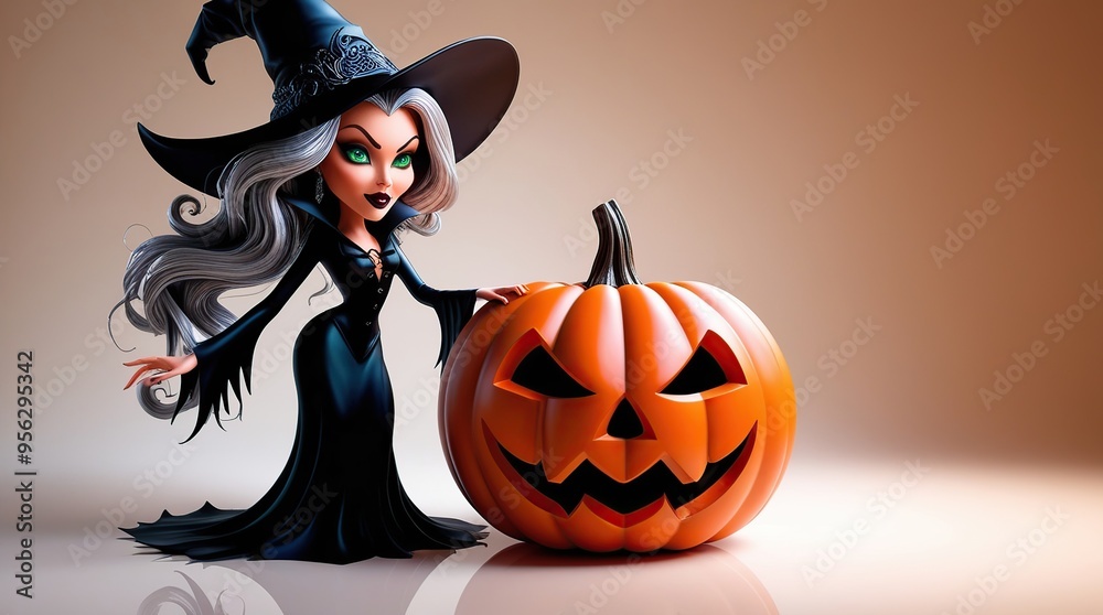 Halloween themed cartoon background featuring a pumpkin and a witch