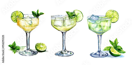 Margarita cocktail, watercolor clipart illustration with isolated background.