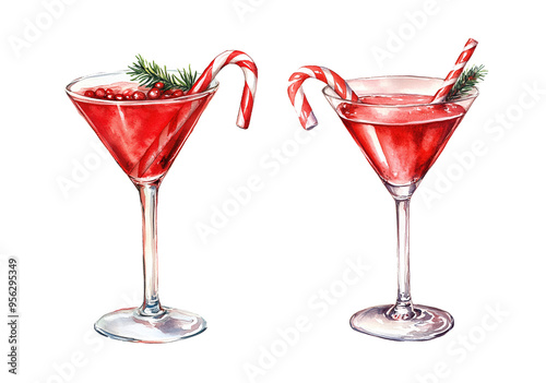 Red Christmas martini with candy cane, watercolor clipart illustration with isolated background.