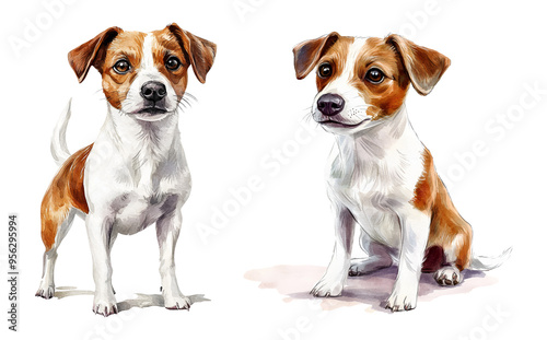 Red Jack Russell Terrier dog, watercolor clipart illustration with isolated background.