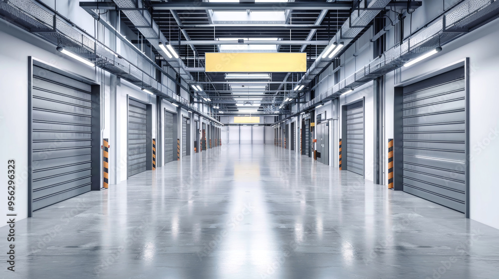 Clean, modern warehouse featuring gray doors and a yellow self-service sign, leading into a tidy interior filled with closed garages and spacious surroundings Clean, modern warehouse featuring gray doors and a yellow self-service sign, leading into a tidy interior filled with closed garages and spacious surroundings