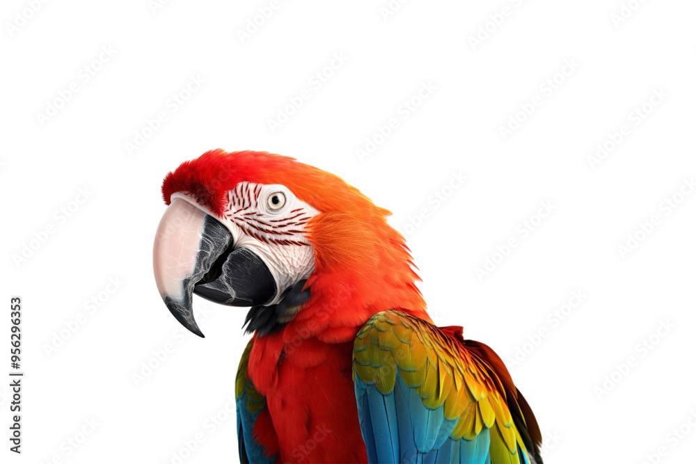 Fototapeta premium A closeup of a scarlet macaw bird. Bright and colorful birds are suitable for nature, wildlife, tropical, and exotic themes
