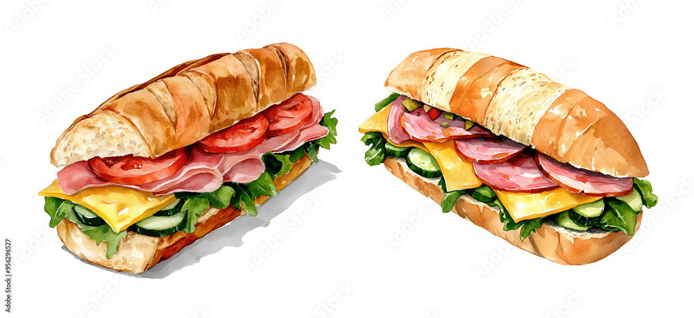 Sub Sandwich with ham, cheese and vegetables, watercolor clipart illustration with isolated background. Sub Sandwich with ham, cheese and vegetables, watercolor clipart illustration with isolated background.