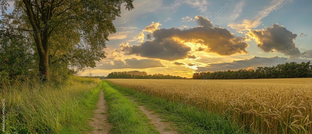 Obraz premium Wheat field along old oak track