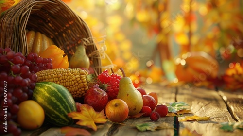 Thanksgiving with fruit and vegetable on wood in autumn and Fall harvest cornucopia season photo