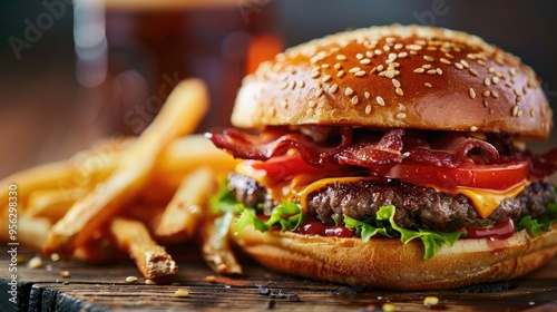 Freshly made bacon cheeseburger with juicy tomato lettuce and melted cheese with french fries and garlic mayo on the side Food porn smash burger