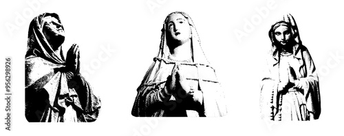 Virgin mary, Saint figure sculpture isolated. Collage element of paper for poster, stickers, banner. Cutting shapes grunge vintage face part. Abstract vector set