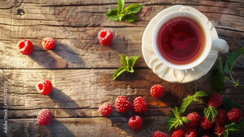 Cup of tasty raspberry tea on rustic wooden table Useful drink for health Herbal tea Traditional medicine photo