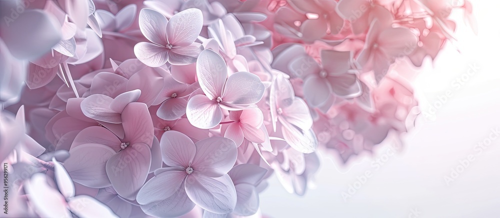 Obraz premium Flowers in a pinky white hue like Hydrangea or Hortensia create a delicate and elegant appearance in the copy space image