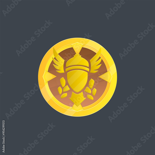 Coin Medal Achievement Icon Badge Golden Game UI Logo Element Wings Valkyrie Metal Isolated Vector Design