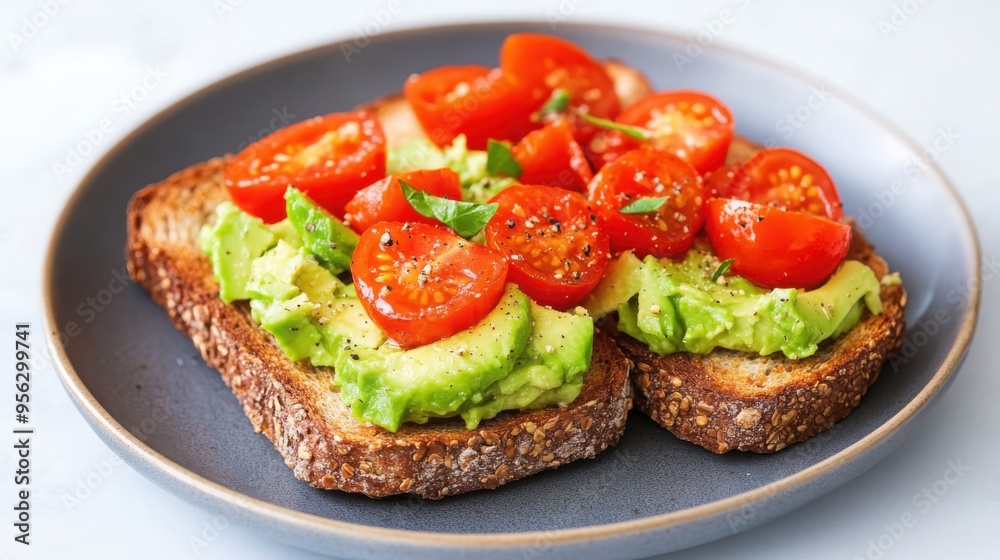 Whole grain toast topped with smashed avocado and cherry tomatoes, a brain-boosting breakfast, simple and healthy. Whole grain toast topped with smashed avocado and cherry tomatoes, a brain-boosting breakfast, simple and healthy.