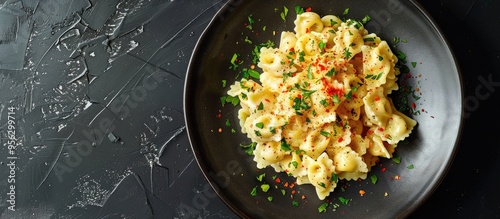 Top view of a plate with homemade Baked Boursin Pasta on black background with copy space image photo