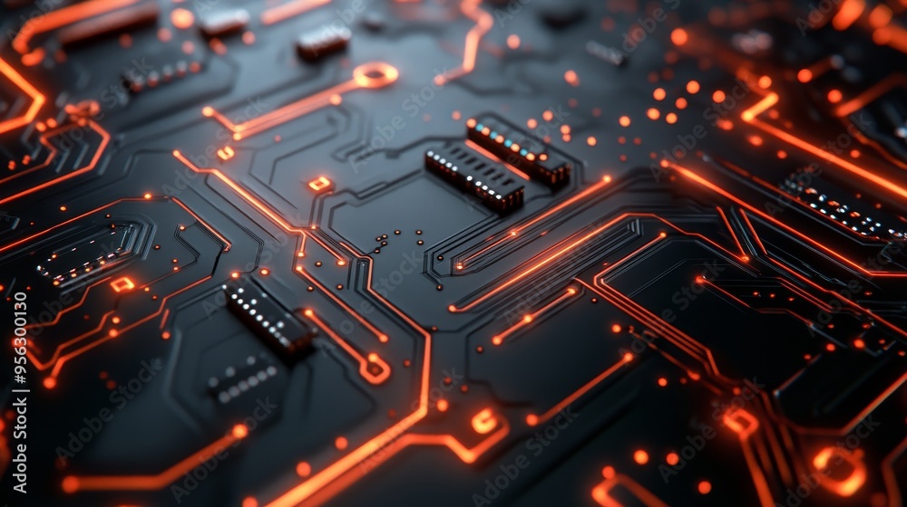 A futuristic circuit board with sleek, copper tracings forming intricate, symmetrical patterns, reflecting light with a metallic sheen, showcasing advanced technology A futuristic circuit board with sleek, copper tracings forming intricate, symmetrical patterns, reflecting light with a metallic sheen, showcasing advanced technology