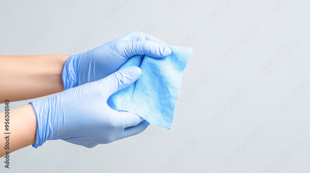 A close-up of a hand in a blue glove holding a blue cloth, symbolizing cleanliness and hygiene practices in various environments. A close-up of a hand in a blue glove holding a blue cloth, symbolizing cleanliness and hygiene practices in various environments.
