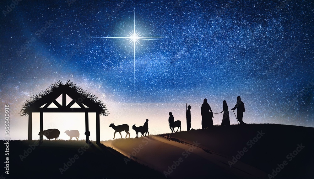 Fototapeta premium The Journey to the Manger A simple depiction of the path leading to the manger in Bethlehem, with the star guiding the way.