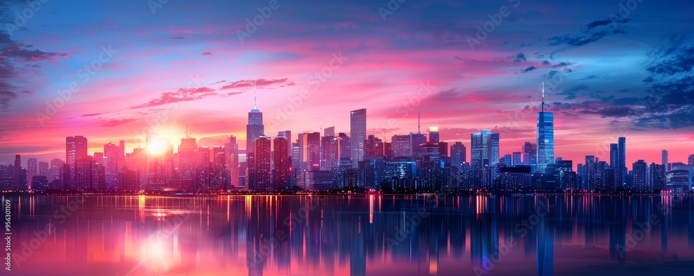 Fototapeta premium Cityscape at Sunset with Reflections in Water