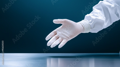 A gloved hand reaching towards a clean surface, symbolizing cleanliness, safety, and precision in medical or laboratory environments. photo