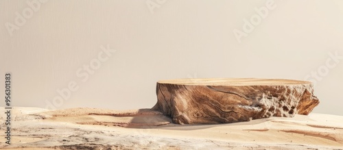 Obraz na płótnie Minimal abstract concept with a podium made of tree wood and stone on a realistic sandy beach background ideal for showcasing product designs with copy space image w salonie