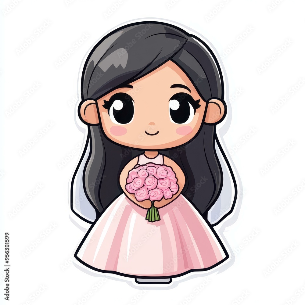 Adorable chibi bridesmaid in pink, featuring a playful design perfect for kids, with bold black outlines and vibrant colors. Adorable chibi bridesmaid in pink, featuring a playful design perfect for kids, with bold black outlines and vibrant colors.