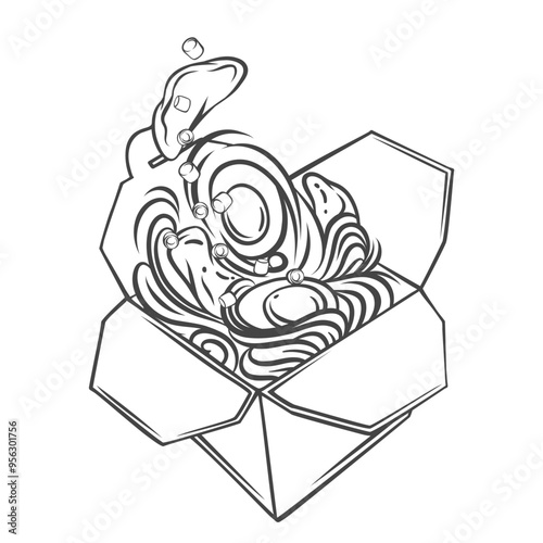 Flying Asian chicken noodles box line icon. Outline hot meat, eggs and noodles falling into open paper container. Oriental wok food mascot, hand drawn fastfood delivery icon vector illustration