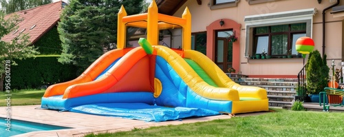 Bright and vibrant inflatable bounce house located in a green garden for children's outdoor entertainment.