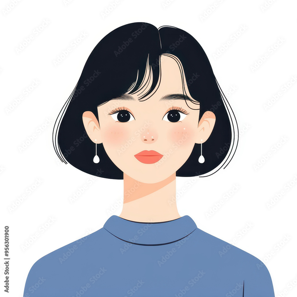 A quirky illustration of a cheerful girl with short black hair, blue sweater, and stylish earrings, radiating joy in a minimalist style. A quirky illustration of a cheerful girl with short black hair, blue sweater, and stylish earrings, radiating joy in a minimalist style.
