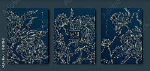 Vector golden roses, peonies art deco patterns. Line flowers texture covers. Luxury black line flyers, brochures, package design, social media post, banners
