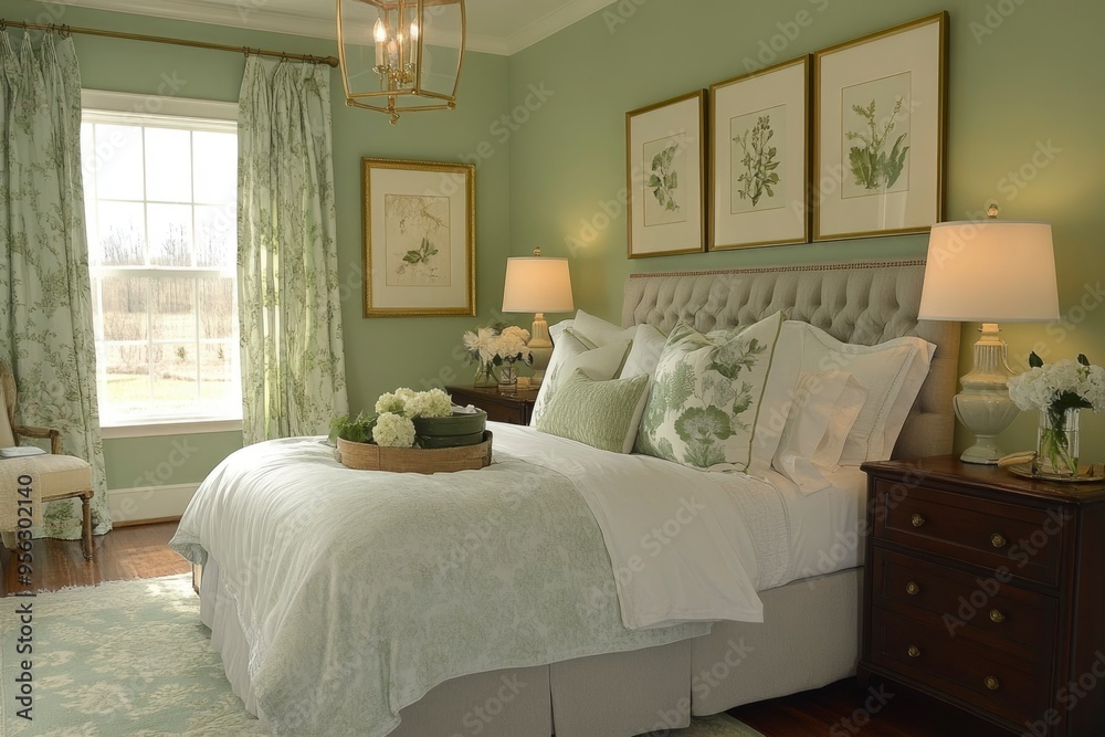 Fototapeta premium A green bedroom with a white bed and floral decorations.