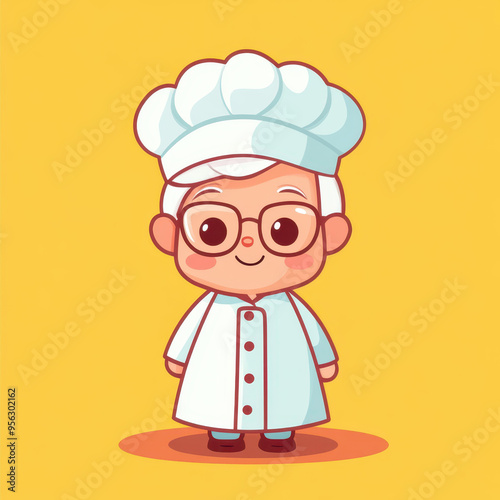 A charming illustration of a cute grandma chef, featuring flat design and vibrant gradient colors for a delightful touch.