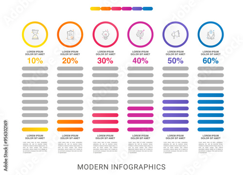 Vector infographic design template. Modern concept with 6 steps. Creative timeline with graph elements, percentage circles and icons. Performance analysis in percent