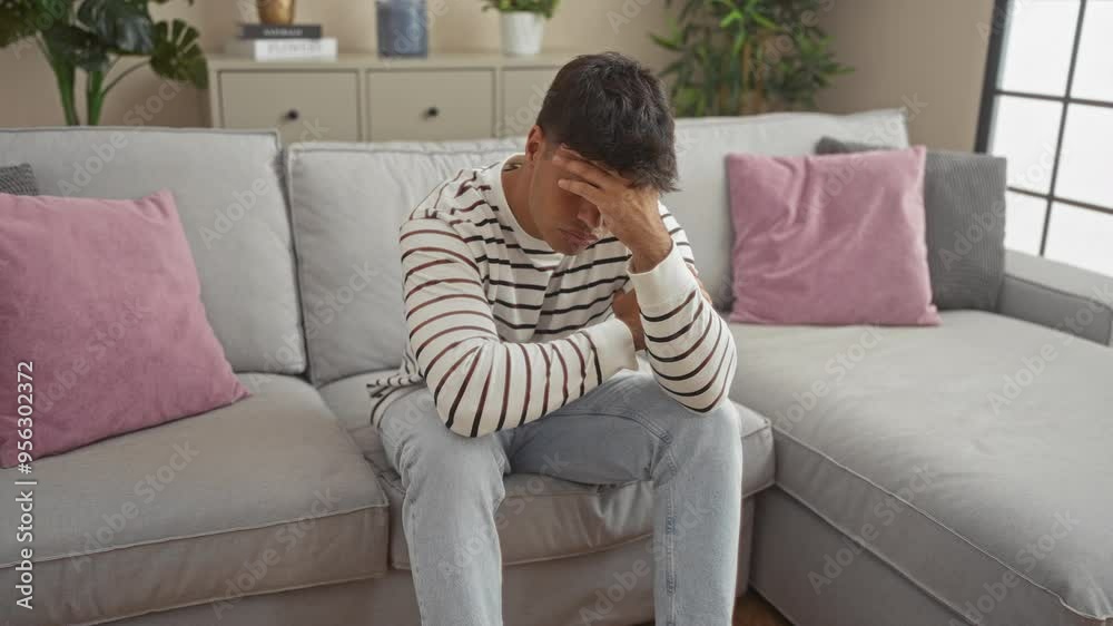 A young hispanic man in a striped shirt sits pensively on a gray sofa in a cozy living room, reflecting on his thoughts amidst a blend of modern decor and indoor plants. A young hispanic man in a striped shirt sits pensively on a gray sofa in a cozy living room, reflecting on his thoughts amidst a blend of modern decor and indoor plants.