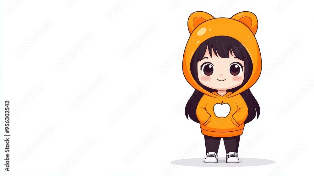 A cute yearold girl in a playful apple hood, showcasing a modern and minimal mascot design for a company.