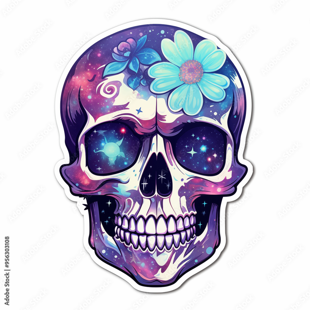 skull with flowers, Colorful space sticker isolated on white background
