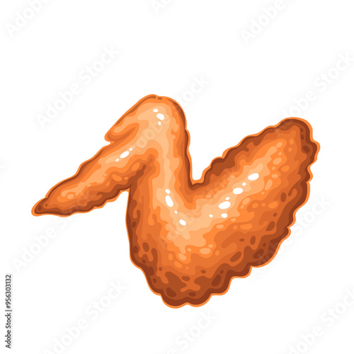 Fried cartoon chicken wing, top view. Golden one crispy poultry part with crispy skin for fast food party. Tasty takeaway dish mascot, cartoon marinated garlic chicken appetizer vector illustration