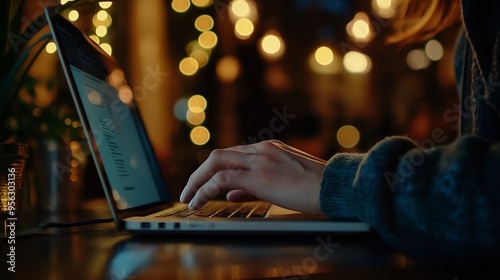 Woman Typing on Laptop in Cozy Cafe