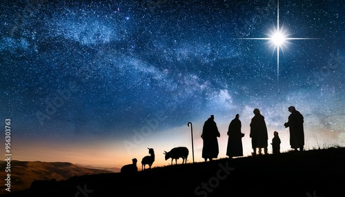 Shepherds in Awe
A quiet hillside outside Bethlehem where shepherds stand in humble adoration, looking up at the star of Bethlehem.
