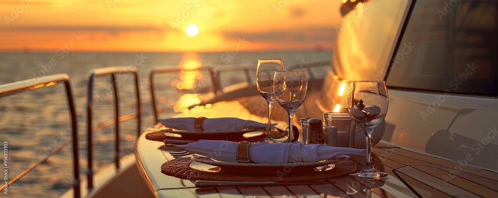 An elegant table setting is arranged on a yacht's deck, with the sun setting in the background, creating a romantic atmosphere.
