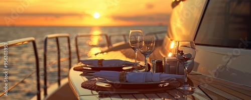 Obraz na płótnie An elegant table setting is arranged on a yacht's deck, with the sun setting in the background, creating a romantic atmosphere. w salonie