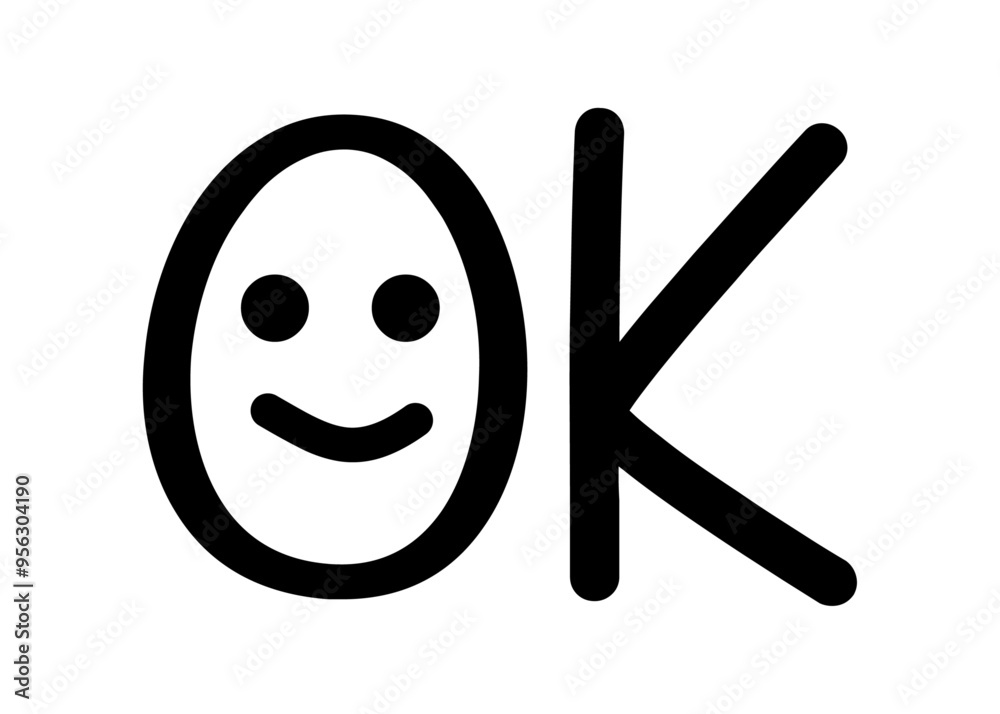 Logo con palabra en texto manuscrito OK con símbolo emoticono alegre en lugar de letra O Logo con palabra en texto manuscrito OK con símbolo emoticono alegre en lugar de letra O