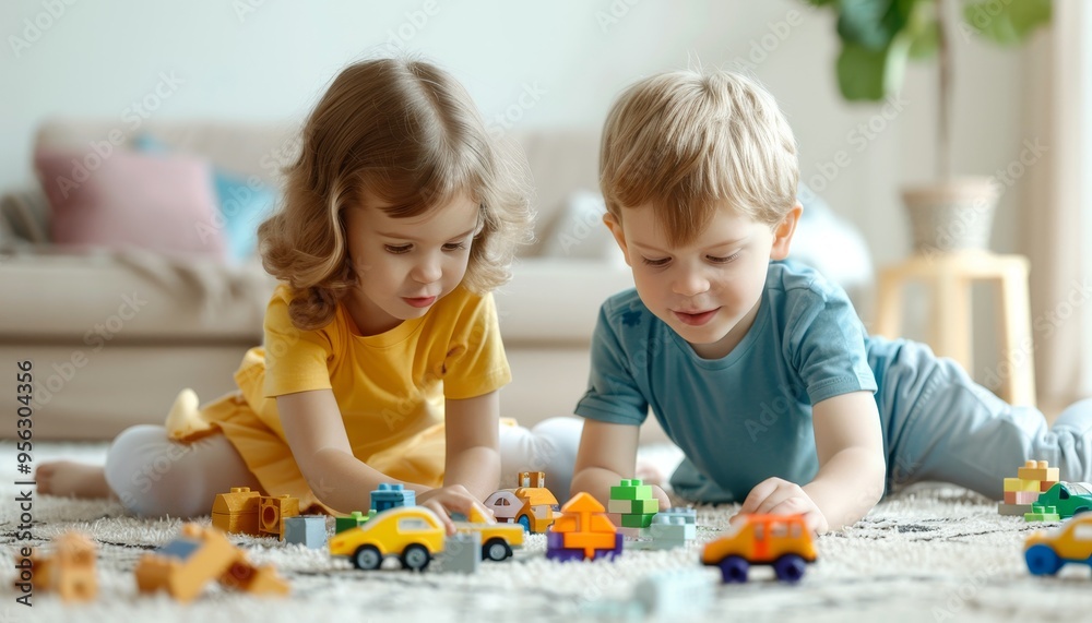Fototapeta premium Children playing with toy cars and blocks on carpet