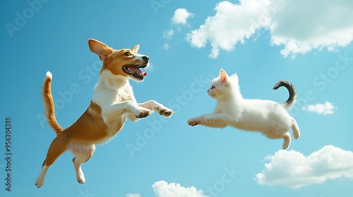 A dog and cat chasing each other under a clear blue sky, with soft white clouds floating by