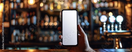 hand holding a smartphone with a blank screen in a lively bar with colorful shelves of bottles in the background