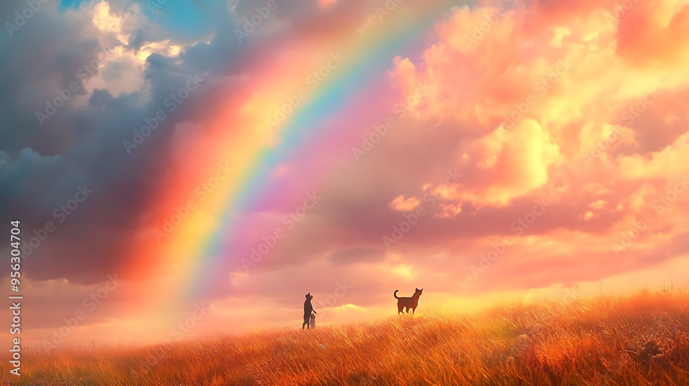 Fototapeta premium A playful dog and cat under a rainbow, with a breathtaking sky full of vibrant colors