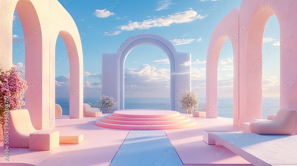 3D rendered surreal landscape with pastel colors, geometric arches, and a central podium. 3D rendered surreal landscape with pastel colors, geometric arches, and a central podium.