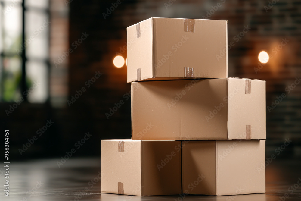 A stack of cardboard boxes arranged neatly in a cozy interior space, ideal for storage or shipping concepts. A stack of cardboard boxes arranged neatly in a cozy interior space, ideal for storage or shipping concepts.