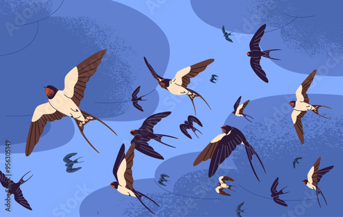 Swallow flock flies in the blue sky. Colony of martins soaring in the air. Urban birds group in flight among clouds. Crowd of feathered animals, birdies flapping with wings. Flat vector illustration photo