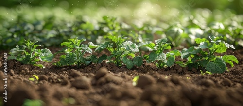 Potato beds with green tops of early potatoes growing in a garden background creating a picturesque copy space image for homestead farming and agriculture photo