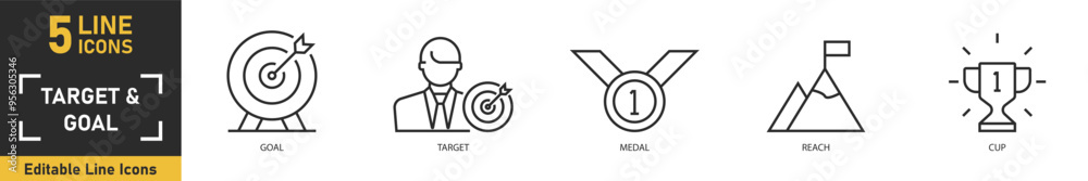 Target and Goal line icon set. Set of 5 outline icons related to goal, target, medal, reach, cup and more. Vector illustration. Target and Goal line icon set. Set of 5 outline icons related to goal, target, medal, reach, cup and more. Vector illustration.