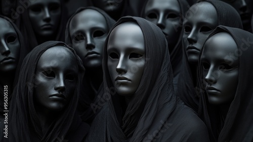 Group of emotionless people with dark mask and black rope evil cult sinister horror weird strange theme