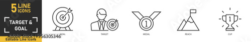 Target and Goal line icon set. Set of 5 outline icons related to goal, target, medal, reach, cup and more. Vector illustration.